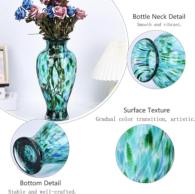 Hand Blown Glass Vase 11.8" Tall Beautiful Turquoise Sea Wide Mouth Bud Vase for Table Centerpiece, Painted Colorful Murano Glass Flower Vases for - Home Entrance Wedding Center