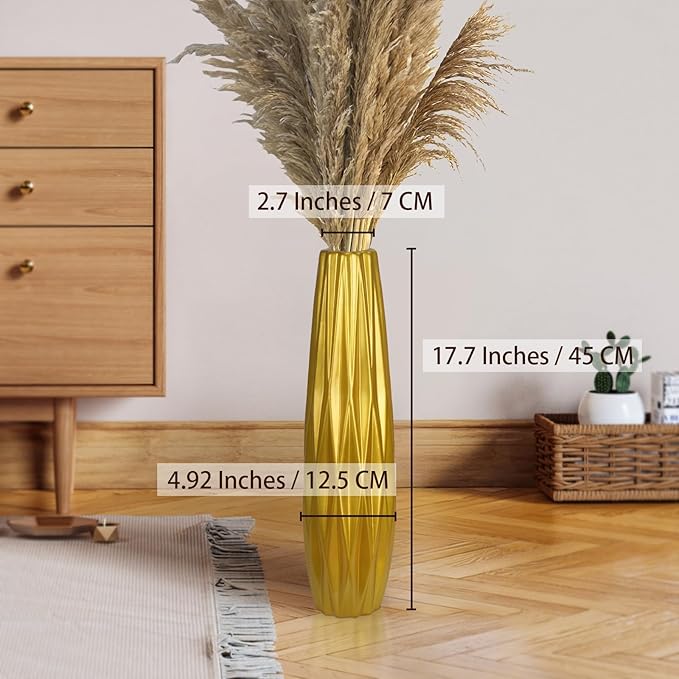 Gold Ceramic Tall Floor Vase,17.7 Inch Large Modern Flower Vases for Home Décor,Wicker Big Floor Vases Decorations for Farmhouse, Living Room,Bedroom,Standing Plastic Vase Decorative Tall