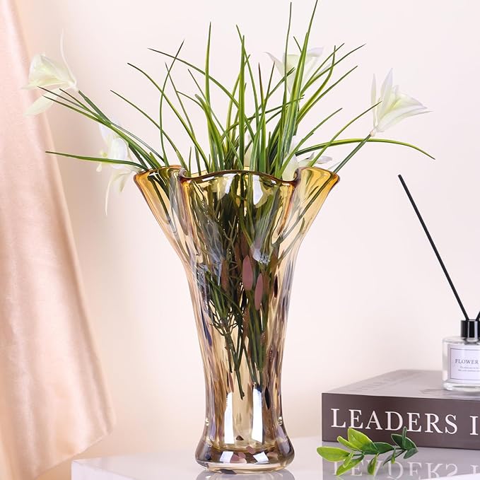 9.0"H Amber Glass Vases for Flowers, Unique Hand Blown Glass Vase Amber Gold Home Decor, Wide Mouth Colorful Flower Vase Centerpieces, For Living Room Table Bookshelf, Bathroom Office Shelf Decorative
