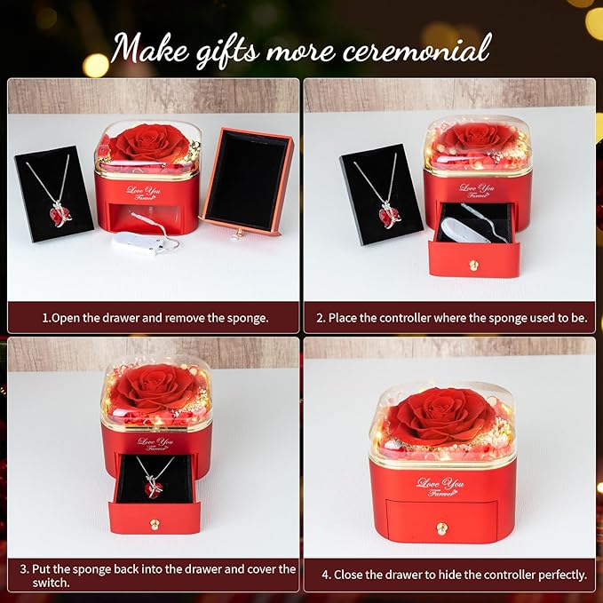 Preserved Red Real Rose with Necklace Jewelry Box -Eternal Flowers Rose Gifts for Grandma Wife Girlfriend on Valentines Mothers Day Christmas Birthday Anniversary Romantic Gifts for Her