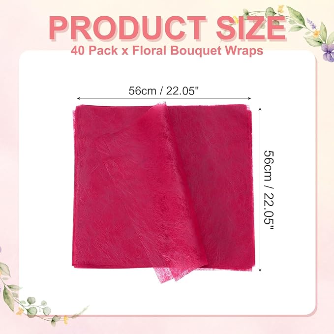 YELARXI Flower Wrapping Paper, Cotton Wrapping Flower Paper, Non-Woven Waterproof Floral Bouquet Wraps - Fitting for (Florist Supplies/Gift) 22 x 22 Inch & 40 Pack & Dark Pink