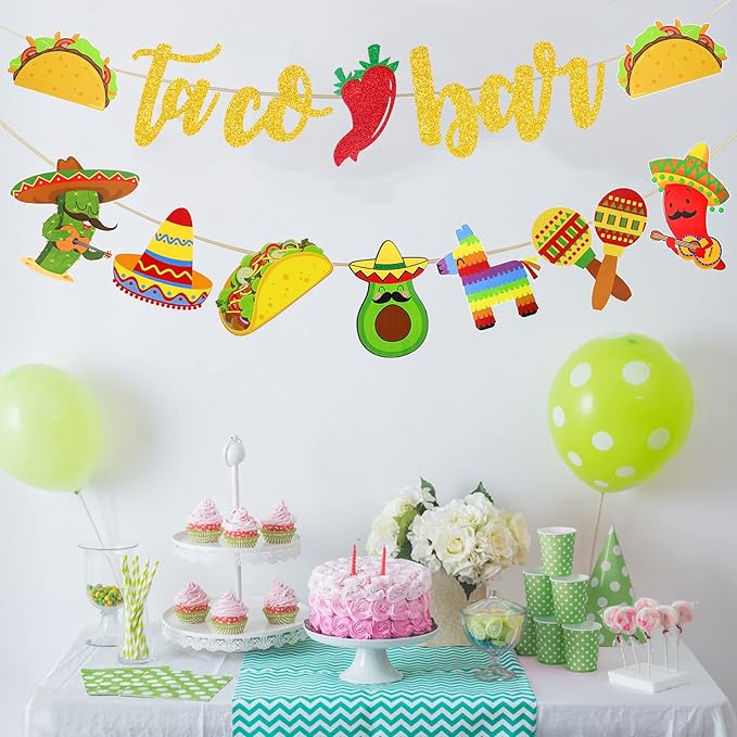 Fiesta Taco Bar Banner Garland 2 set Mexican Fiesta Party Banner with Cactus Donkey Maraca Sombrero Taco Pepper for Mexican Cinco de Mayo Fiestas Theme Party Supplies