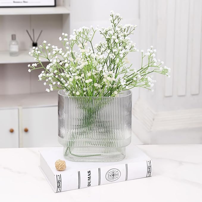 Ribbed Vase, Fluted Glass Vase for Flowers, Clear Flower Vases for Tulips, Modern Vases for Living Room, Dining Table, Office, Bedroom, Mantle, Shelf, Wedding, 7 Inch