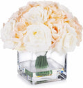 Enova Floral 18 Pieces Artificial Silk Roses Fake Flower Arrangement in Cube Glass Vase with Faux Water for Home Office Wedding Decoration (Cream Beige)