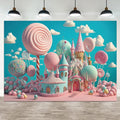 15x8ft Candyland Backdrop Sweet Candy Castle Photography Background Fantasy Lollipop Blue Sky White Cloud Cartoon Kids Birthday Banner Decorations Baby Shower Portrait Photo Booth Prop