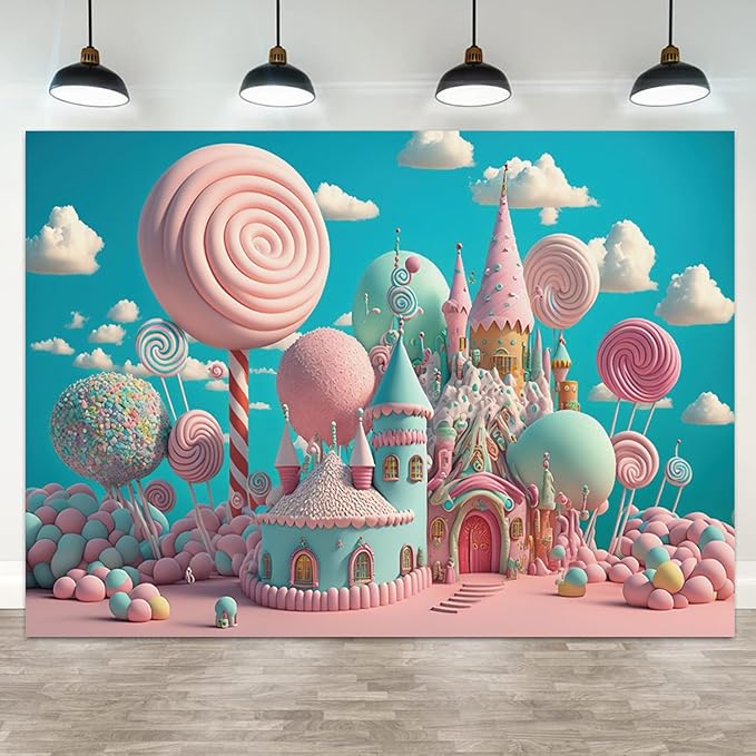 20x10ft Candyland Backdrop Sweet Candy Castle Photography Background Fantasy Lollipop Blue Sky White Cloud Cartoon Kids Birthday Banner Decorations Baby Shower Portrait Photo Booth Prop