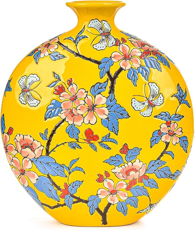 Sungmor High-Class Enamel Painted Porcelain Vase, Traditional Hand-Carved Overglaze Color Ceramic Vase for Fresh Flowers Dried Plants Arrangement, Decorative Vase for Centerpieces, Shelf, Living Room
