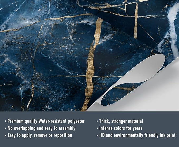 Blue Marble Wall Mural, Gold Vein Marble 3D Wall Murals, Luxury Navy Stone Wallpaper Mural, for Living Room Bedroom Large Wallpaper Indoor Decor 169.3" W x118.2 H