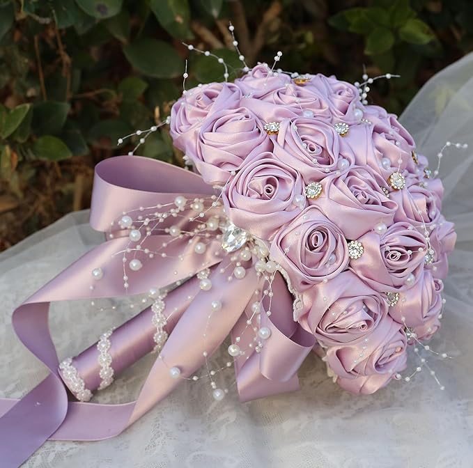 Bridal Wedding Bouquet Round Bling Brooch Bouquet Throw Toss Artificial Rose Flower Bunch for Bride Bridesmaid Wedding Quinceanera(Light Taro Purple, 7.5")