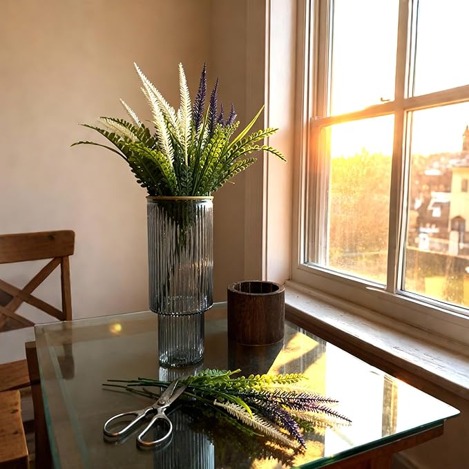 10 Inch Large Artistic Wood Base Glass Cylinder Flower Vase, Ins Modern Boho Water Stripe Style for Home Kitchen Fireplace Office Desks, Houses, Garden Decorations