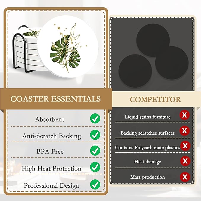 Coasters Set with Holder,Green Plants Absorbent Ceramic Coasters with Cork Base,Cute Funny Table Cup Mat 6 Pcs,Table Home Décor
