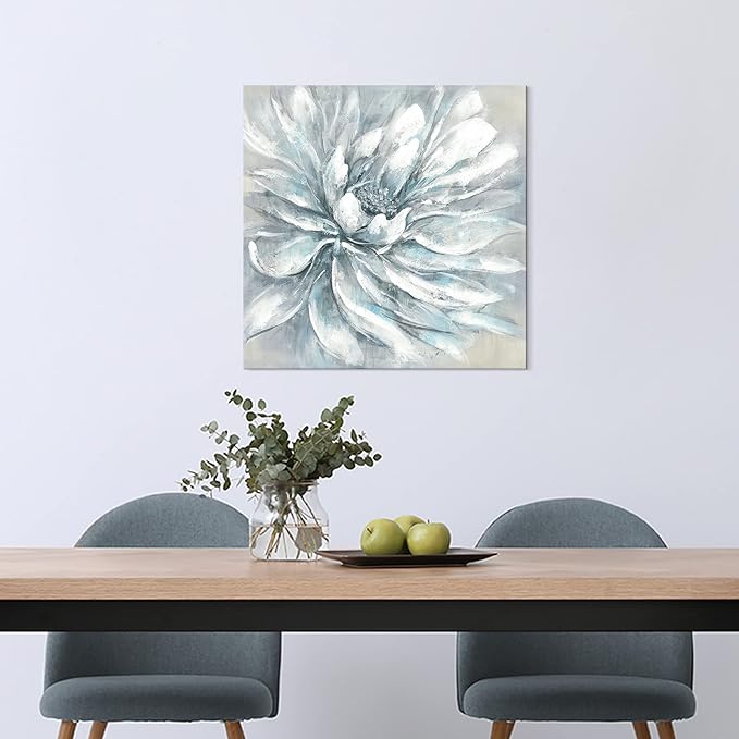 summer melody Abstract Flower Canvas Wall Art: Elegant White Modern Floral Painting Contemporary Blue Silver Peony Picture Gray Nature Botanical Prints Gallery Artwork for Bedroom