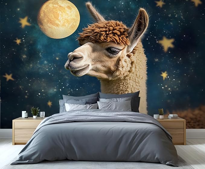 Starry Sky Alpaca Wall Mural, Dreamy Galaxy Moon Alpaca 3D Wall Murals, Cute Animal Wallpaper Mural, for Living Room Bedroom Large Wallpaper Indoor Decor 169.3" W x118.2 H