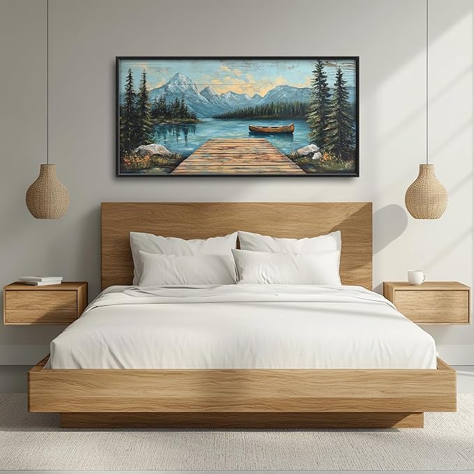Rustic Lake Large Wall Art Forest Mountain Pictures Wall Decor Nature Landscape Big Canvas Painting Prints Framed Artwork Home Decorations Above Bed for Bedroom Living Room Dining Room 60"x30"