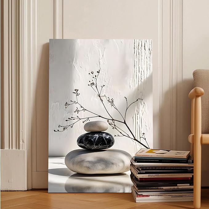 Gray and black stone pile and dried flowers poster canvas wall art in harmony Minimalist wall art for tranquil homes and mindful spaces 8x12in Wood Framed