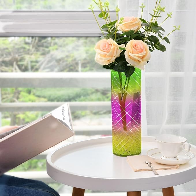 Flower Vase Clear Plastic Cylinder Vases Decor for Centerpieces Home Storage Office Weddings Pink Yellow Gradient Plaid 11.8 x 3.9 in