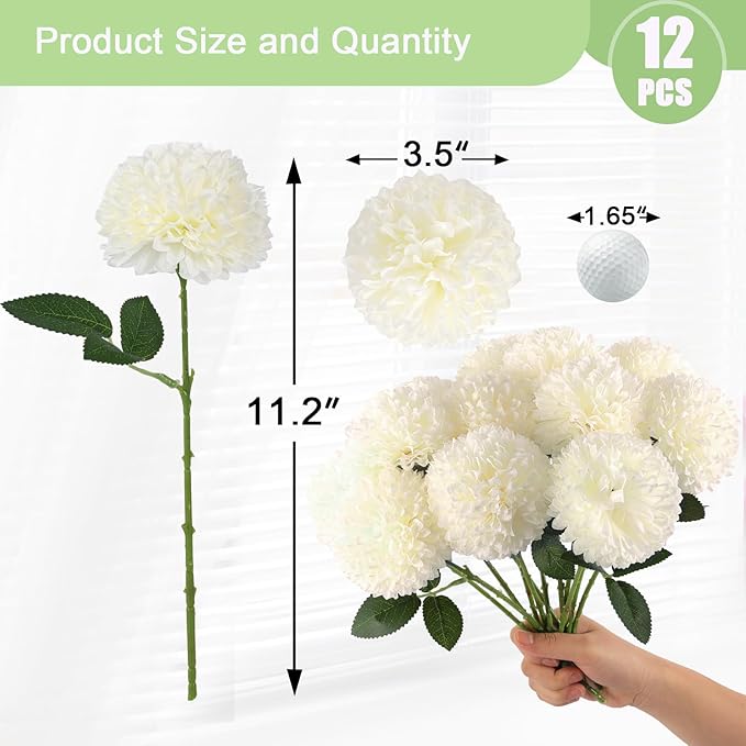 Hananona 12 Pcs Artificial Chrysanthemums Flowers Ball Flower, Fake Mums Flowers White Silk Flowers for Spring Home Decor Indoor Floral Arrangement Table Centerpiece (12, White)