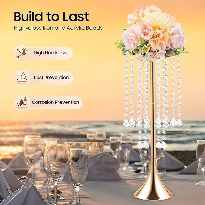 10 Pack 21.9"/55.6cm Tall Crystal Beaded Flower Stands, Metal Wedding Centerpiece Vases for Table/Aisle Decor - Reusable Event Centerpieces for Home, Party, Hotel (Gold)