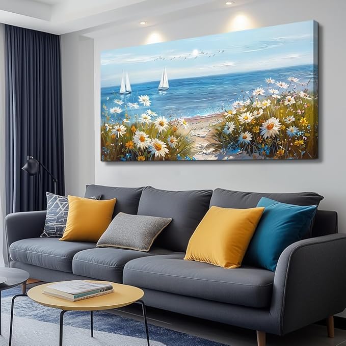 PHAOHUAXM Large Blue Ocean Landscape Canvas Printing Picture Wall Art For Living Room Farmhouse Dinin Mural White Flowers Bedroom Office Wall Decor Home Decor Painting Easy To Hang 30x60 Inches