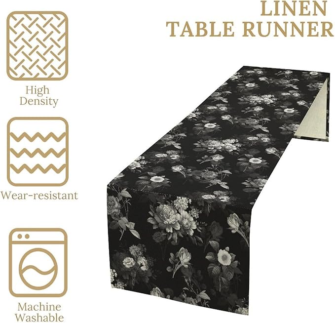 Vintage Botanical Table Runner, Abstract Watercolor Black White Gothic Flower Leaves Plants Print Table Runner for Seasonal Home Decoration Indoor Outdoor Party Decor, 13x108inch