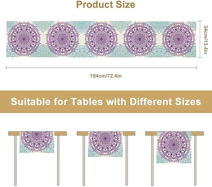 Boho Mandala Table Runner, Purple Blue Bohemian Floral Table Decor Runner for Kitchen Dining Indoor Outdoor Party Decoration, 13x36 Inch