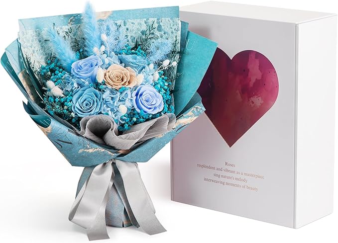 Large Preserved Roses Bouquet - Eternal Flowers for Delivery Prime,1-3 Years Long Lasting Real Roses Gift for Women,Mom Wife - Elegant Home Decor for Mother's Day,Anniversary,Valentine's Day(Bule)