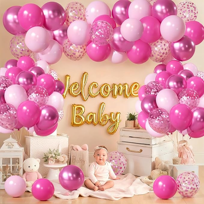 Pink Confetti Balloons Set, 50pcs 12 Inch Metallic Hot Pink Balloons, Light Pink Latex Party Balloon with Pink Ribbons for Girls Women Birthday Bridal Shower Wedding Princess Party Decorations