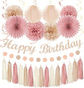 Blush-Pink Champagne Beige Happy-Birthday Party-Decorations - 31pcs 15th Women Girls Paper Lanterns Streamers Banner,Rose Gold Tissue Flowers Pom Poms Fans Tassels Graland Decor Supplies Hugmoon