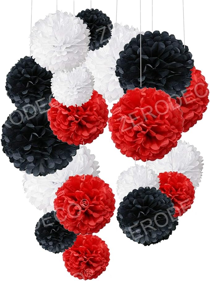 Tissue Paper Pom Poms, Recosis Paper Flower Ball for Birthday Party Wedding Baby Shower Bridal Shower Festival Decorations, 18 Pcs - Red Black White