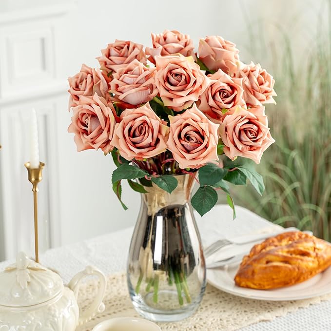 Fake Roses Faux Flowers Silk Roses 16.5In Artificial Roses with Stems Realistic Artificial Flowers Suitable for Indoor Home Decoration Diy Bouquet Wedding Decoration Party Decor 12PCS Khaki