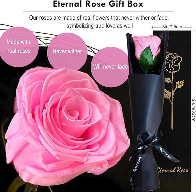 WILLSHINE Eternal Rose with Stem,Single Real Preserved Rose Gift Box,Forever Pink Flower Stems Bouquets for Women,Mum,Wife,Girlfriend,Valentine's Day,Mother's Day,Chirstmas,Birthday,Aniversary Gift