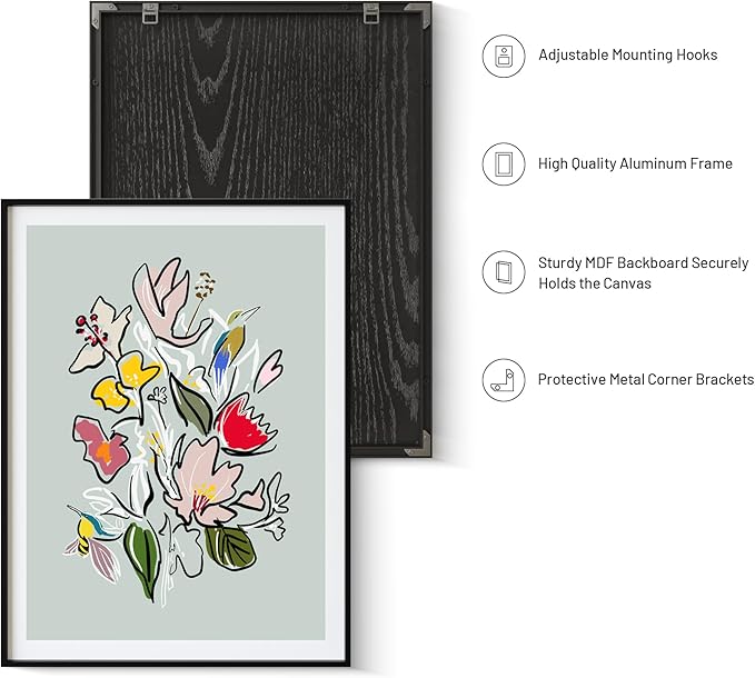 Floral Framed Wall Art for Living Room, Colorful Abstract Paintings, Botanical Poster Art, Green Flower and Bird Canvas Prints, Hummingbird Wall Decor for Bedroom Apartment Dorm Gallery, Modern floral illustration, Gifts for Friends or Family - 16" x 12"