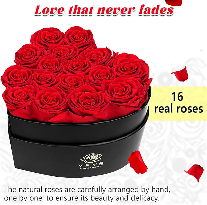 16-Piece Forever Flowers Heart-Shaped Box – Real Immortal Preserved Roses Lasting a Year, Perfect for Birthday, Girlfriend, Mother, or Wife, Valentine Day Gift for Her - Red
