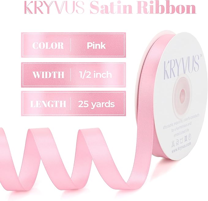 Double Faced Pink Satin Ribbon, 1/2 Inch X 25 Yards Polyester Pink Ribbon for Gift Package Wrapping, Crafts, Bow Making, Sewing, Flower Bouquet, Wedding Party Decor