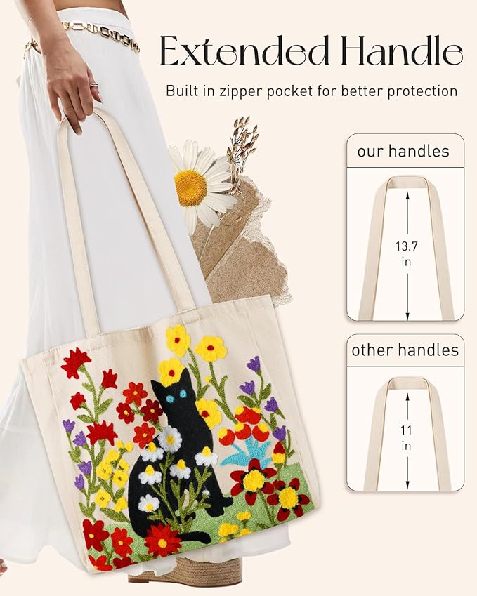 Aesthetic Embroidery Tote Bag for Women - Reusable Canvas Cute Shoulder Bag for Shopping, Grocery, Work, Book