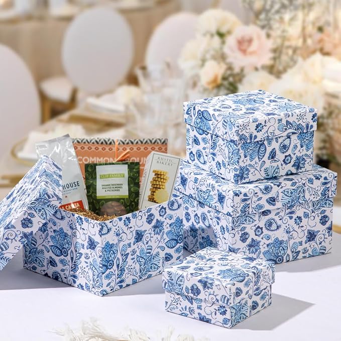 Briful Square Gift Boxes with Lids 4PCS Blue Flower Print Gift Box for Presents Nesting Assorted Sizes Present Boxes for Christmas Birthday Valentines Party Gift Wrap