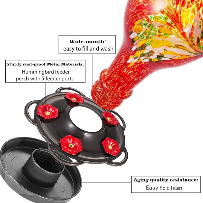 LUJII Hummingbird Feeders for Outdoors, Hand Blown Glass, Never Fade, 36 Fluid Ounces, 5 Feeding Stations, Much Bigger, Garden Backyard Decorative, Containing Ant Moat (Red)
