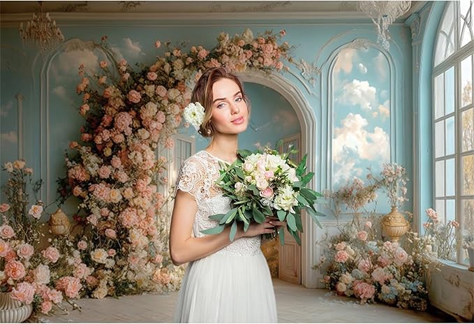 Baocicco 12x8ft Floral Wall Photography Background Romantic Style Arch Door Oil Painting Flowers Photo Background for Women Wedding Party Banner Supplies Girls Birthday Decorations Photoshoot Studio