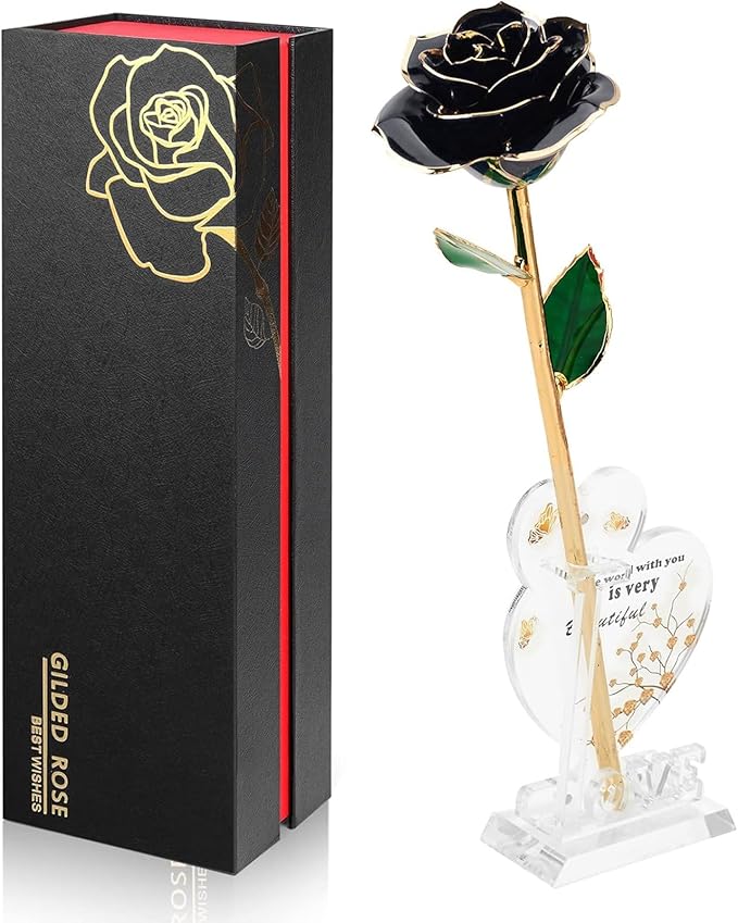 Gold Dipped Infinity Rose Last Forever Flower Decor, Birthday Gift for Women in Her Birthday Mothers Day, Resin Preserved Rose | Anniversary Present for Mom (Black)