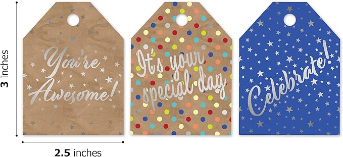 Pro Supply Global 24 Count of 2.5 Inch x 3 Inch Pre Strung Celebration Gift Tag Assorted Printed Designs on Large Cardstock Gift Hang Tags - Ideal to Use on Bags