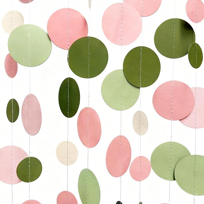 Sage Green and Dusty Pink Polka Dots Garlands Olive Green Dusty Rose Beige Hanging Paper Circle Dots Streamer for Girls Birthday Baby Shower Wedding Engagement Bachelorette Party Decorations Supplies