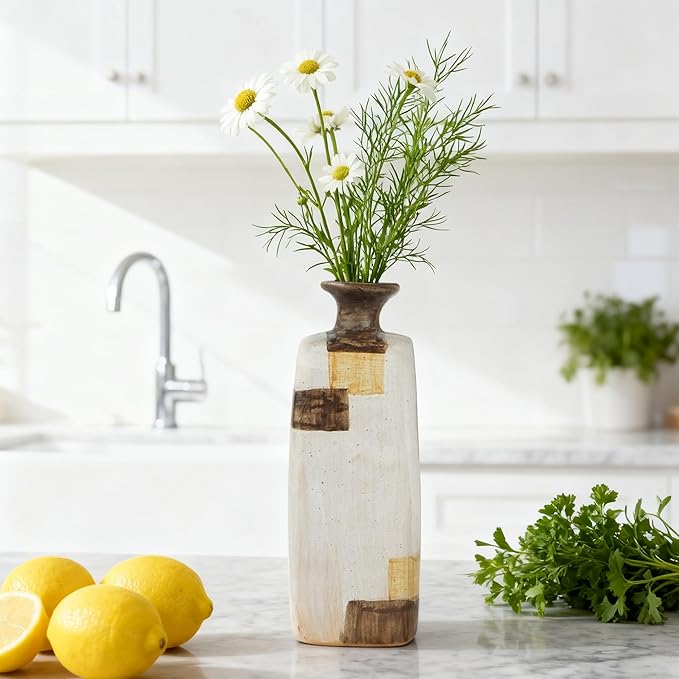 Ceramic Flower Vase Home Decor-8" Tall Vase for Centerpieces,Large Decorative Terracotta Vases, Farmhouse Rustic Pottery Vase for Home Decor Living Room, Table,Shelf or Mantel(Square)