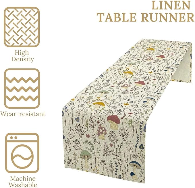Mushroom Table Runner, Boho Floral Rustic Wildflower Herbs Plants Colorful Botanical Green Leaves Table Runner for Home Party Indoor Outdoor Decor Kitchen Dining Table, 13x70inch