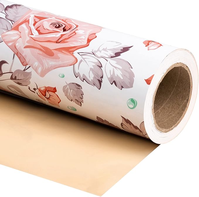 WRAPAHOLIC 30 Inch Reversible Floral Wrapping Paper - 30 Inch X 100 Feet Jumbo Roll Beautiful Pink Floral Design, Perfect for Wedding, Mother's Day, Birthday, Baby Shower
