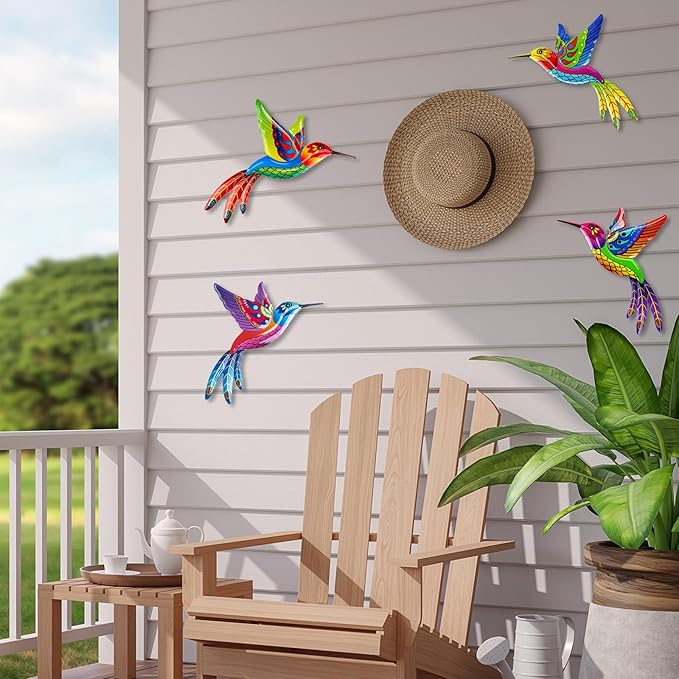 ULENDIS 4 Pack Metal Hummingbird Wall Art Outdoor Decor, 3D Colorful Outdoor Wall Art Fence Decorations for Patio and Yard, Wall Sculpture Hanging Decor for Garden Living Room Balcony