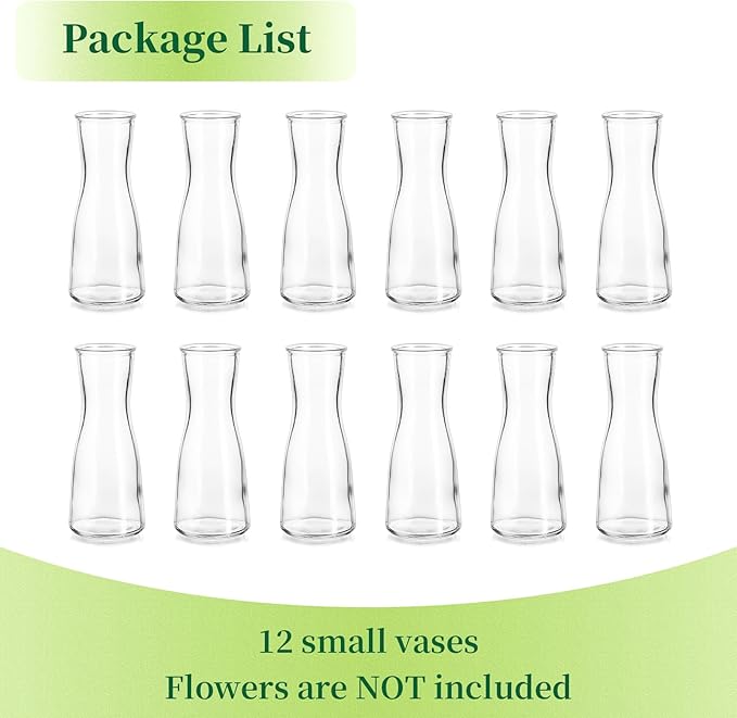 Hewory Glass Bud Vases for Centerpieces - Clear Small Flower Vase Set of 12, Modern Minimalist Cute Mini Decorative Bulk Vases for Wedding Bridal Shower Birthday Party Events Dining Room Table Decor