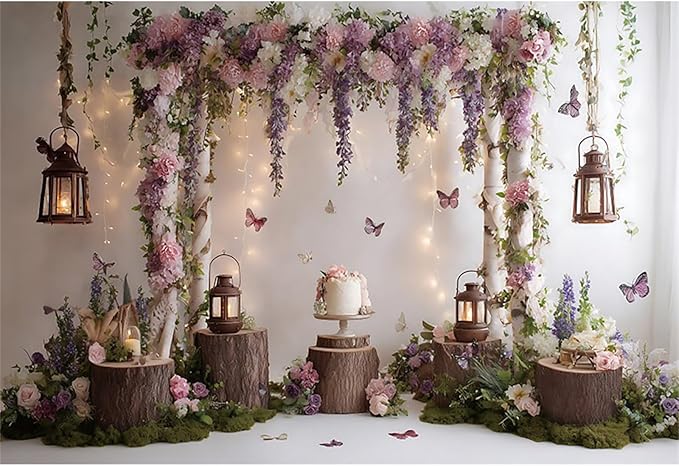Baocicco Rustic Flower Wall Backdrops 10x6.5ft Farmhouse Wedding Background Photography Baby Shower Bridal Shower Backdrop Purple Floral Wooden Butterfly Backdrop Kids Adults Portraits Studio Props