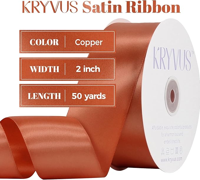 Copper Satin Ribbon, Double Faced 2 Inch X 50 Yards Copper Ribbon, Premium Satin Ribbon for Gift Wrapping, Crafts, Hair Bow Making, Sewing, Flower Bouquet, Wedding Party Decor