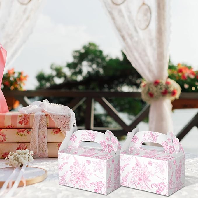 Dunzoom 24 Pack Pink Floral Paper Gift Boxes Party Favor Gift Gable Boxes with Chinoiserie Floral Printed Candy Treat Box for Wedding Birthday Tea Bridal Shower Party