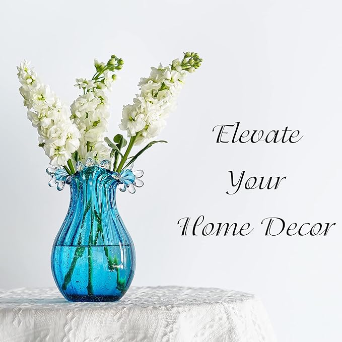 8inch Blown Glass Bubble Vase Collection Modern Art Flower Vase Decoration for Home Decor Living Room,Office,Centerpiece,Table and Wedding,Blue